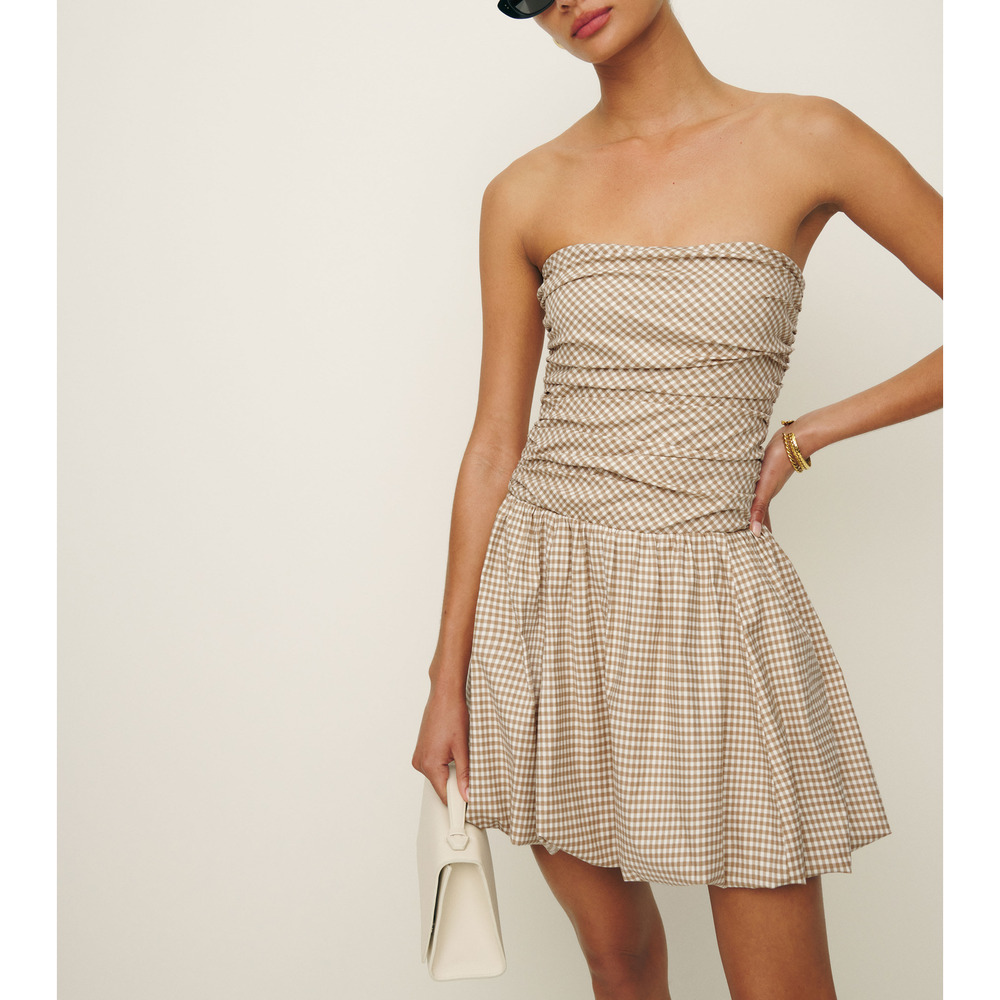 Reformation Strapless Dress in Checker Tan and White
